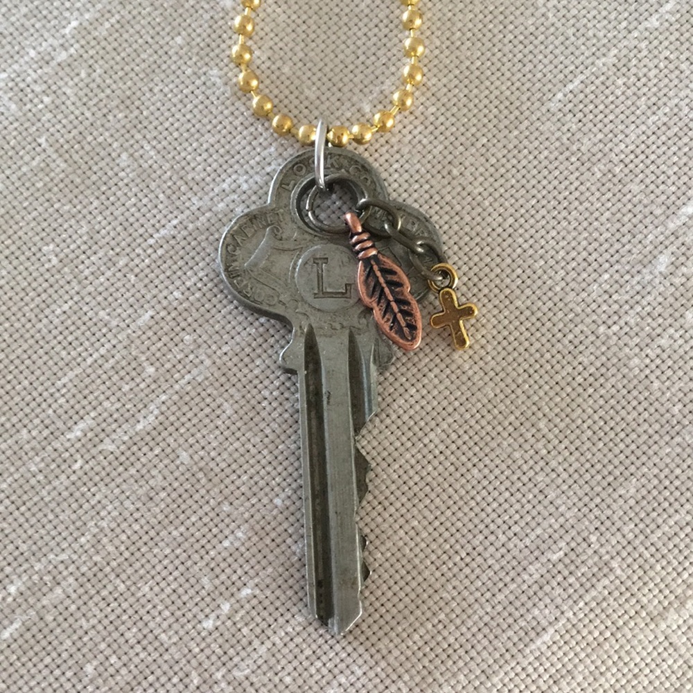 Hand Crafted Steampunk Necklace Vintage Key Feather Cross Charms